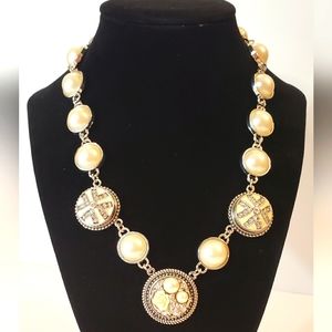 Signed Ginger Snap Pearl Necklace with 3 Rhinestone, Enamel, and Pearl Snaps